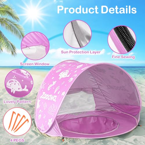 Baby Beach Tent, Pop Up Beach Tent Sun Shade for Beach, Portable Shade Pool UV Protection Sun Shelter for Infant with Beach Sand Toys Set - color: Patterned Pink