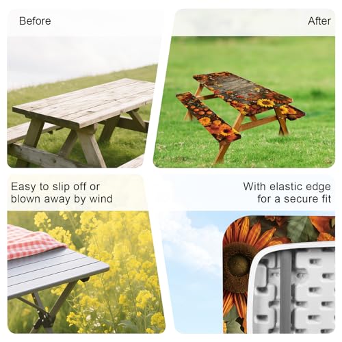 ANNA QUEEN Autumn Harvest Picnic Table Cover Set, 6FT Rustic Fall 3PCS 72"x30" Waterproof Tablecloth with Bench Covers for Camping Thanksgiving & Outdoor Events - color: #6