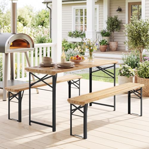 Giantex 3-Piece Folding Picnic Table with Benches Set, Solid Wood Camping Beer Table Bench Set with Metal Frame, Portable Patio Dining Furniture, Indoor & Outdoor Folding Table and Chairs for 4 (47'') - size: 47''