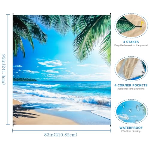 Beach Blanket Waterproof Sandproof, Palm Tree Oversized Extra Large Picnic Mat 83"×95"/8 × 7 FT for 1-7 Adults for Travel Camping Hiking, Quick Drying Lightweight Outdoor Beach Vacation Essentials - color: Beach 2