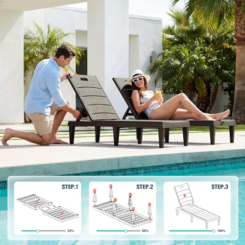 Devoko Outdoor Chaise Lounge Chair Set of 2 with 5-Position Adjustable Back, Waterproof & Lightweight PP Lounge Chairs for Outside Pool Patio (Deep Brown) - color: Deep Brown, size: 72 in Depth