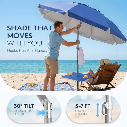 PASAMIC 7ft Beach Umbrella for Sand Featuring a 23'' Built-in Table with Sand Anchor & Tilt, UPF 50+ Protection Beach Umbrellas for Heavy Duty Wind Portable with Carry Bag and Hook, Dark Blue - color: Dark Blue, size: 7FT with Table