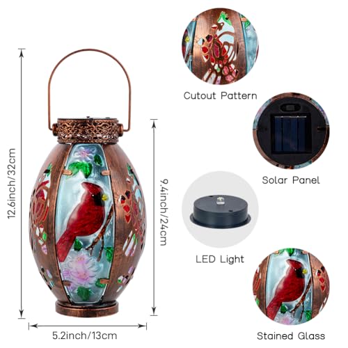 Starsoul Cardinal Outdoor Solar Lantern - Metal & Stained Glass Cardinal Solar Light, Waterproof Tabletop Lamp with Hollowed-Out Design for Yard, Patio, Garden, Pathway - color: Cardinal