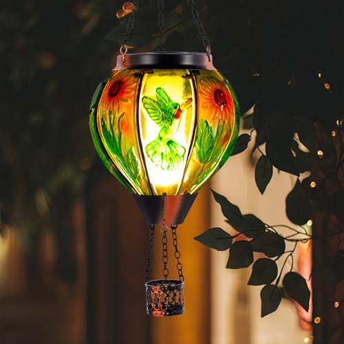 Hummingbird and Sunflower Solar Hot Air Balloon Lantern with Flame, Glass Hot Air Balloon Solar Lantern Outdoor Waterproof, Hanging Solar Lantern for Outside Garden Patio Tree Porch Yard - color: Green