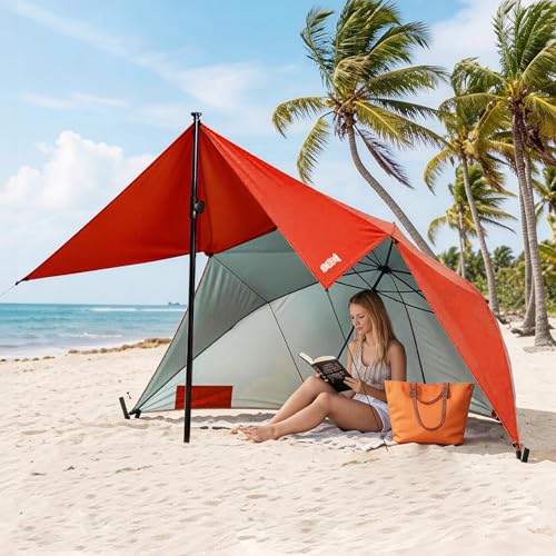 HOMEDEMO Beach Umbrella Tent (9.5ft, Red) with Fan Canopy, 3-in-1 Umbrella Shade Shelter for Beach, Picnic, Bleacher, Sports Games - style: Red