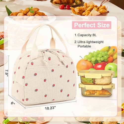 LEDAOU Lunch Box for Women Insulated Lunch Bag Corduroy Lunch Tote Bags Leakproof Cooler Lunchbox for Travel Work Picnic - color: Corduroy Beige-Strawberry