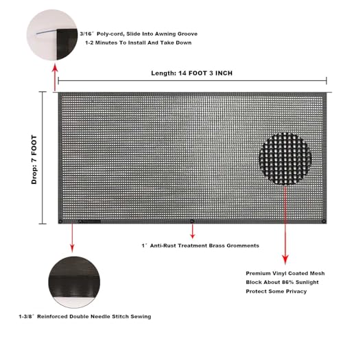 Tentproinc RV Awning Sun Shade Screen 7' X 14' 3'' (Fit for 15' Awning) Mesh Sunshade for RV Awning Sunscreen Motorhome Camping Trailer Awning Shadescreen Block UV Glare - 3 Year Warranty (Black) - color: Black, size: 7' x 14'3'' -Actual Measurement