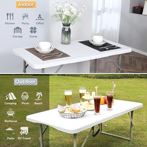4 Foot Folding Table Adjustable Height 22-30 Inch, Heavy Duty Fold in Half Plastic Table with Steel Legs, Portable Indoor Outdoor Table for Picnic, Camping, Dining, Party - color: White-a, size: 4FT