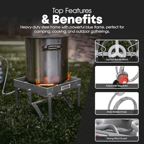 GasOne Stainless Steel Outdoor Propane Burner – High Pressure Camp Stove with Adjustable Regulator & Steel-Braided Hose - color: Stainless Steel
