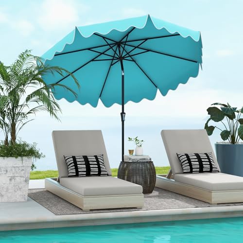 Tangkula 9Ft Patio Umbrella with Crank, 2-Tier Outdoor Umbrella with Push Button Tilt, Sun-Protective Canopy, 8 Ribs, Scalloped Patio Umbrella for Outdoor Beach Deck Pool Table (Turquoise) - color: Turquoise, size: 9Ft