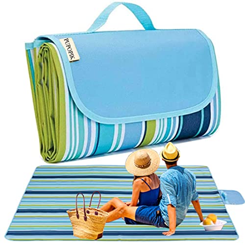 PUPOPIK Extra Large Beach Blanket Outdoor Picnic Blankets, Foldable Waterproof Sand Free Beach Mats Picnic Mat for Festival BBQ Park Grass Lawn Camping Hiking Travel Concerts (Blue 2, 80x60 in) - color: Blue 5' X 6'8"