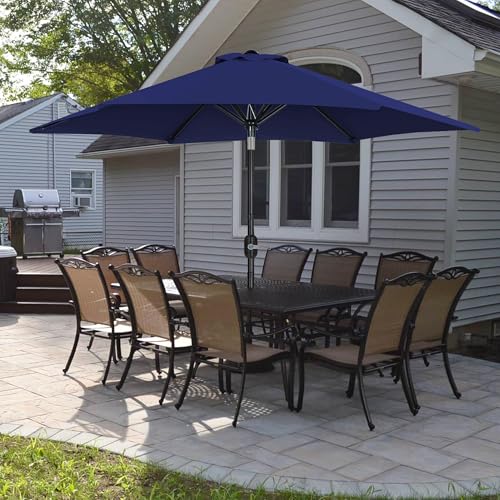 Yaheetech 9FT Patio Umbrella Outdoor with Heavy Duty Base Included,Table Umbrella with Push Button Tilt and Crank, UV Protection Waterproof for Yard/Outdoor/Wedding Parties and Events - Navy Blue - color: Navy Blue, size: 9FT