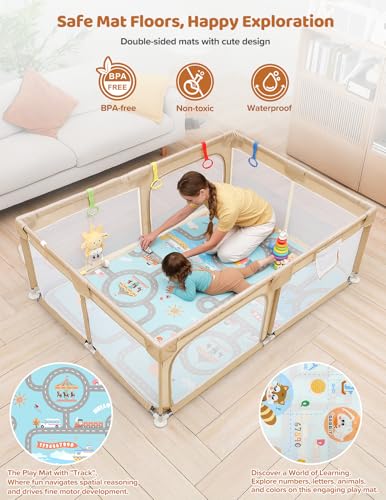 Dripex Baby Playpen with Mat, 71"x47" Play Pen for Toddlers 1-3 Years, Soft Breathable Visible Mesh, Indoor/Outdoor Portable Play Yard with Mat, Safe Baby Fence Play Area, Beige - color: Beige, size: 71"×47" with Mat