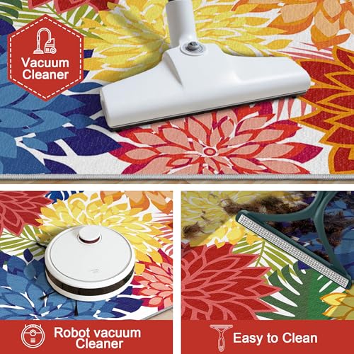 Colorful 3x5 Washable Rug for Living Room Tropical Botanical Modern Floral Chenille Area Rugs Low Pile Non Slip Carpet for Patio, Bedroom, Laundry, Rainbow - color: Multi Colored, size: 3' x 5' (Rectangular)
