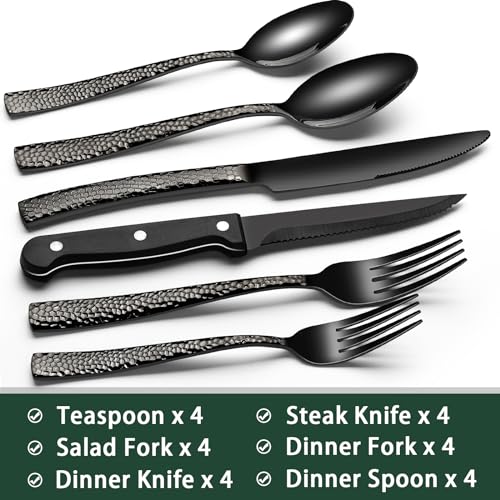 EWFEN 24-Piece Black Silverware Set with Steak Knives, Black Flatware Set for 4, Food-Grade Stainless Steel Tableware Cutlery Set, Mirror Finished Utensil Sets for Home Restaurant, Wave Hammered - style: Wave Hammered