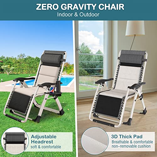NAIZEA Padded Zero Gravity Chair, Folding Outdoor Lounge Chairs, Adjustable Reclining Camping Chairs with Cup Holder, Ergonomic Patio Lawn Chair for Balcony Beach Deck Yard - color: Ivory White, style: Zero Gravity Chair