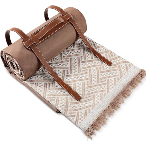 VitalCozy Waterproof Picnic Blankets 71×71 inch Outdoor Blanket Foldable 2 in 1 Double Layer Sandproof Beach Mat with Carry Strap for Camping Lawn Park Beach Grass(Khaki) - color: Khaki