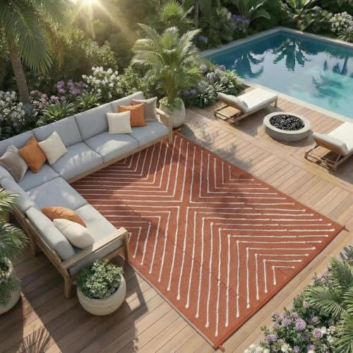 Garvee 9x12 Reversible Extra Large Outdoor Patio Rug, Waterproof Big Camping Mat for RV, Beach, Balcony, Backyard, Deck, Porch, Garden, Foldable Striped Outdoor Carpet, Orange&White. - color: Orangewhite, size: 9' x 12' (Rectangular)