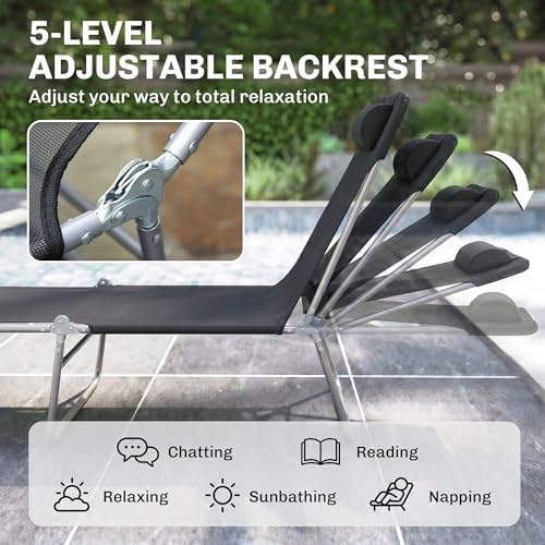 Outsunny Folding Chaise Lounge Pool Chairs, Outdoor Sun Tanning Chairs with Pillow, Reclining Back, Steel Frame & Breathable Mesh for Beach, Yard, Patio, Black - color: Black