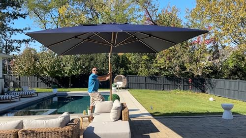 PURPLE LEAF 11FT Patio Umbrella Square Cantilever Umbrella Teak Finished Aluminum Frame Large Windproof Offset Outdoor Sun Umbrellas for Beach Pool Deck, Navy Blue - color: Navy Blue / Umbrella Only, size: 11' X 11'