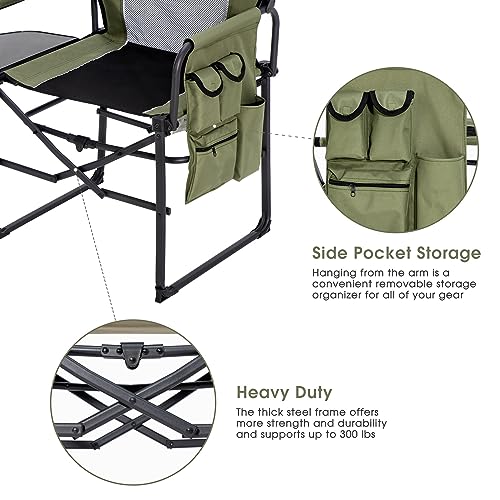 Wide Folding Director Chair with Table, Outdoor Camping Chair for Adults with Cup Holder Load 330 Lbs, Portable Chair for Outside with Carry Bag for Patio, Green - color: Directors Chair-green
