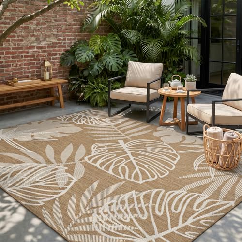 MontVoo-Outdoor Rug-Patio Rug 5x7 ft Polypropylene Indoor Outdoor Rugs Outdoor Carpet for Patio Deck Balcony Porch, Textured Weave, Durable for High Traffic, Fade-Resistant, Tropical Neutral Brown - color: Brown Tropical, size: 5' x 7' (Rectangular)