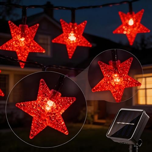 Solar Twinkle Star String Lights Outdoor Indoor Waterproof 39FT 100 LED Solar Powered Fairy Lights with 8 Lighting Modes Christmas Decor for Camping Tree Party Yard Wedding Garden (Red) - color: Red