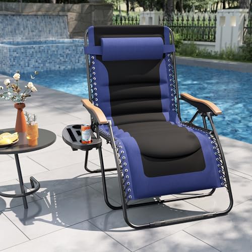 PHI VILLA XXL Oversized Padded Zero Gravity Chair, Foldable Patio Recliner, 30" Wide Seat Anti Gravity Lounger with Cup Holder, Support 400 LBS (Navy Blue) - color: Navy Blue, style: 1 Pcs