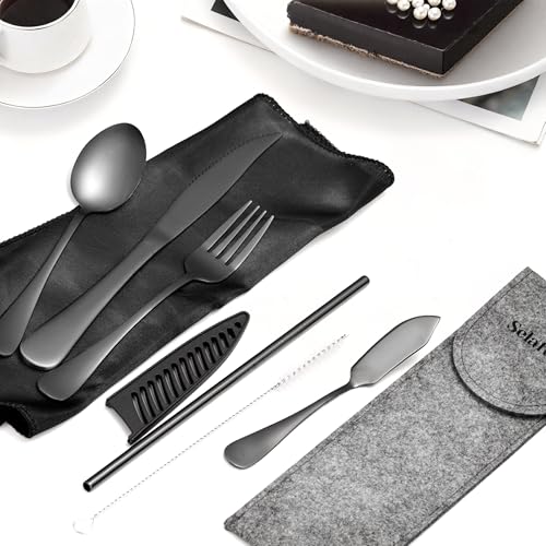 Camping Cutlery Set: Premium Portable Silverware Set with Case for Lunch Box, Travel, and Work Durable, Eco-Friendly, and Compact Utensils Including Fork, Spoon, and Knife for Adults on the Go - color: Black