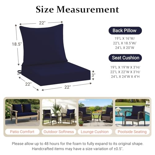 downluxe 22x22 Outdoor Chair Cushions, Waterproof Fade Resistant Patio Furniture Cushions with Handle & Removable Cover, Deep Seat Outdoor Cushions for Sofa, Couch and Patio Chairs, Navy - color: Navy, size: 22 x 22 Inch