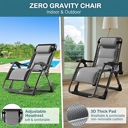 NAIZEA Padded Zero Gravity Chair, Cooling Fabric Folding Outdoor Lounge Chairs, Adjustable Reclining Camping Chairs with Cup Holder, Ergonomic Patio Lawn Chair for Balcony Beach Deck Yard - color: Ice Silk Gray, style: Zero Gravity Chair 2 Pack