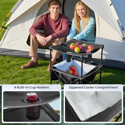 Portable Outdoor Folding Camping Table with 4 Cup Holders & Cooler Compartment, Waterproof Picnic Table for Picnic, BBQ, Beach, Hiking (Dark Black, 1 PCS) - color: Dark Black