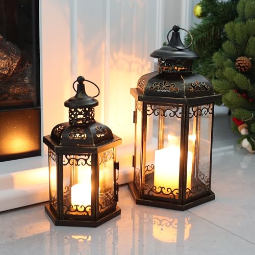 Large Lantern Decorative Outdoor & Indoor, Set of 2 (15’’&11’’) Metal Candle Lanterns Decor, Vintage Hanging Candle Holder for Front Porch Patio Wedding Farmhouse Home, Spring Decoration - color: Black / 14.7''h+11.2''h