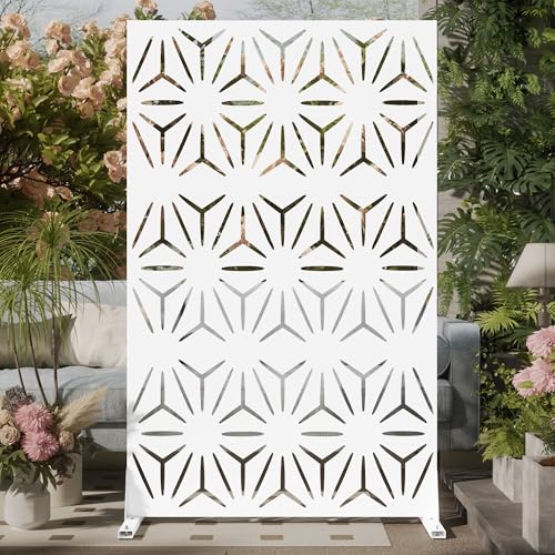 Cofar Metal Privacy Screen Outdoor 72" H×44" W -White Freestanding Outdoor Privacy Panels with Stand, Decorative Fence for Patio, Deck, Balcony（Floral） - style: 3-Panels Floral_White
