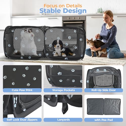 2-in-1 Dog Playpen 46.5''Pop Up Cat Pet Playpen, Assembly-Free Indoor Outdoor Kitten Enclosure, Breathable Cat Cage Portable Puppy Tent Crates,Spacious Kennel for Small Animals, No Confinement Feel(S) - color: Black, size: S, 46.5"L x 24.1"W x 17"H