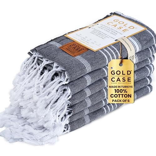 Gold CASE Turkish Hand Towels for Bathroom Set of 6 – 20 x 40'' – 100% Cotton Bathroom Hand Towels – LYCIA Towel for Spa, Face, Tea & Dishcloth – Decorative Cloth – Black - color: Black, style: Hand Towel Set