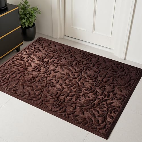 Coffee Brown Leaves Outdoor Indoor Entrance Door mat, Absorbent Durable Heavy Duty Welcome Front Door Mat,Thick Natural Rubber Back,Easy Clean Entryway Mat 47x32 Inch, Low Profile - color: Leaves-coffee, size: 2'8" x 3'11" (Rectangular)