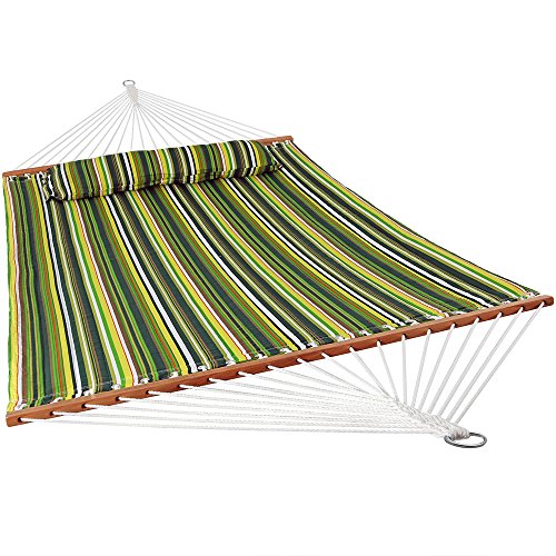 Sunnydaze Quilted Double Hammock for Outside with Spreader Bars and Pillow - 450 lb Capacity, 74x55 Inch Bed, UV Resistant, Quick Dry - Chains Included, Stand Sold Separately - Melon Stripe - color: Melon Stripe