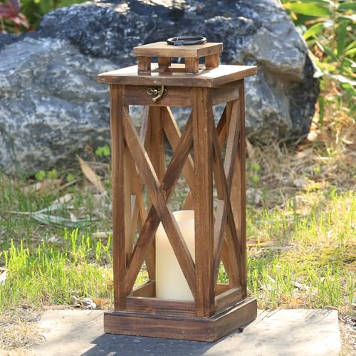 Rustic Farmhouse Wooden Candle Lantern,17'' H Lanterns Decorative Indoor&Outdoor, Patio Decor, Hanging Lantern Holder Decor for Indoor Outdoor, Home, Garden, Wedding - color: Rustic Brown, size: 1 Pc-17'' H