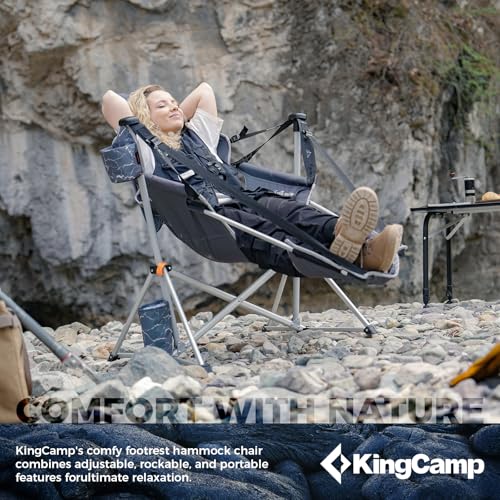 KingCamp Hammock Chair with Footrest – Heavy Duty Swinging Rocking Camping Chairs for Adults up to 400lbs, Folding Portable Oversized Rocker with Cup Holder & Pillow for Outdoor Beach Lawn RV Sports - color: Footrest Deluxe Lava/Grey