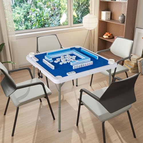 Goplus Mahjong Table, 35" Square Folding Card Table w/4Cup Holders, Anti Slip Mat, HDPE Tabletop, Metal Legs, Portable Mahjong Game Table for Domino Game, Picnic (Navy, Table w/Removable Mat) - style: Navy, Table w/Removable Mat
