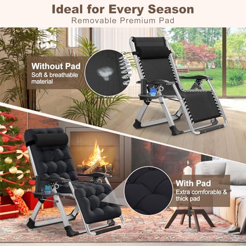 DoCred Comfy Folding Recliner Chair - Bedroom & Living Room, Patio Lounge Chair with Removable Cushion for Indoor Outdoor - color: Black