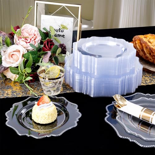 COLOSUS 350pcs Clear Plastic Plates Disposable Gold Cutlery Dinnerware set for party: 50 Dinner Plate, 50 Dessert Plate, 50 Per Rolled Napkins with Gold Silverware, 50 Cups 9 OZ for Thanksgiving - color: Clear
