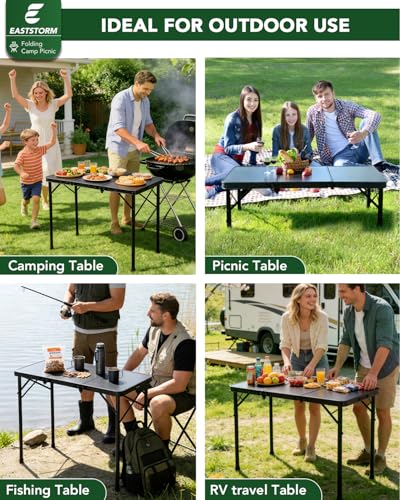 E EASTSTORM 3ft Folding Camping Table, Folding Table with 3 Adjustable Height, Portable Table with Handle, for Outdoor, Backyard, BBQ, Picnic, Cooking, RV, fits 2–4 People, Black - color: Black-3ft
