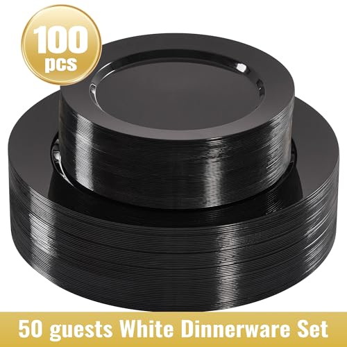 Fijinhom 100PCS Black Disposable Plates for 50 Guests Including 50PCS 10" Dinner Plates & 50PCS 7" Dessert Plates, Black - color: Black, size: 50 Guests-100pcs