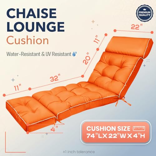 MAGIC ELEPHANT Chaise Lounge Cushions Outdoor, Memory Foam Replacement Patio Pool Lounge Chair Cushion with Ties for Outdoor Furniture, 74 x 22 x 4 Inch (Orange) - color: Orange