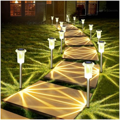 DenicMic Solar Lights Outdoor 10 Pack Waterproof 3000K Warm White LED Stainless Steel Stake Outside Lights for Yard Pathway Garden Driveway Walkway Landscape Path Lighting - color: Warm 10Pack