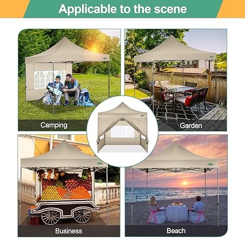 COBIZI 10x10 Pop Up Canopy Tent with 4 sidewalls Commercial Heavy Duty Canopy UPF 50+ All Weather Waterproof Outdoor Canopy Wedding Tents for Parties Gazebo with Roller Bag, Khaki (Windproof Upgraded) - color: Khaki, size: 10x10 With Sidewalls