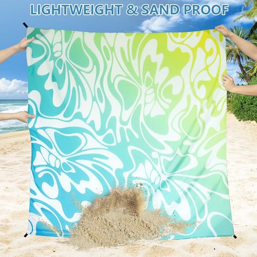 WIWIGO Beach Blanket Waterproof Sandproof Beach Mat 79" X 83"/10'x9'for 2-8 Adults Quick Drying Outdoor Picnic Mat Beach Accessories for Travel, Camping, Hiking - color: Big Flower-blue and Green Gradient, size: 79" X 83"（1-4person）