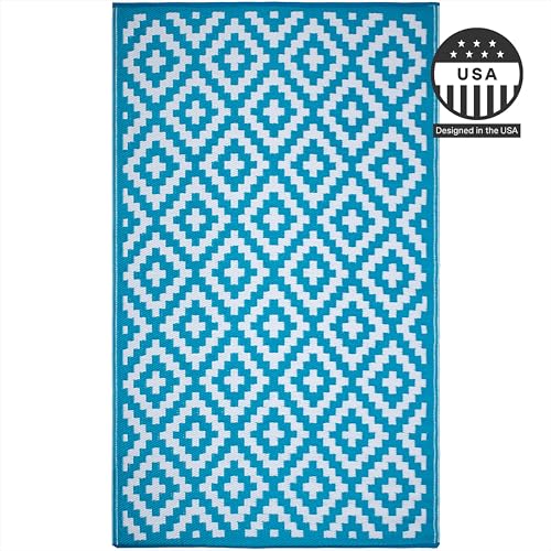 FH Home Outdoor Rug - Waterproof, Fade Resistant, Reversible - Premium Recycled Plastic - Geometric - Patio, Porch, Deck, Balcony - Aztec - Teal & White Crease Free - 5 x 8 ft - color: Aztec - Teal & White, size: 5' x 8' (Rectangular)
